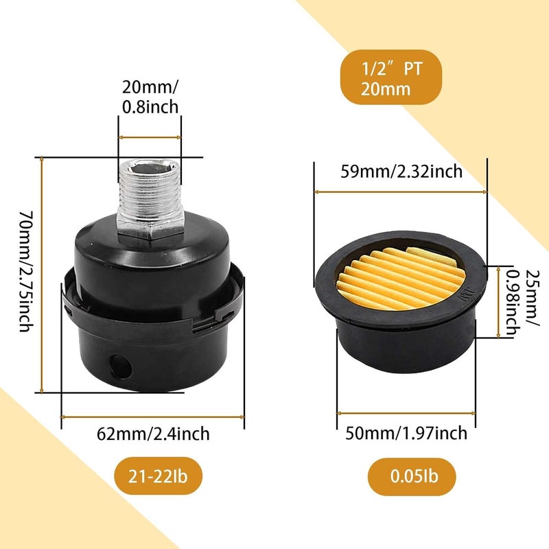 DTMTD Compressor Silencer with Replacement Elements,1/2"Thread Air Compressor Intake Filter Silencer,20mm Metal Air Compressor Filter Noise Muffler Replacement Parts (1/2") - Image 4